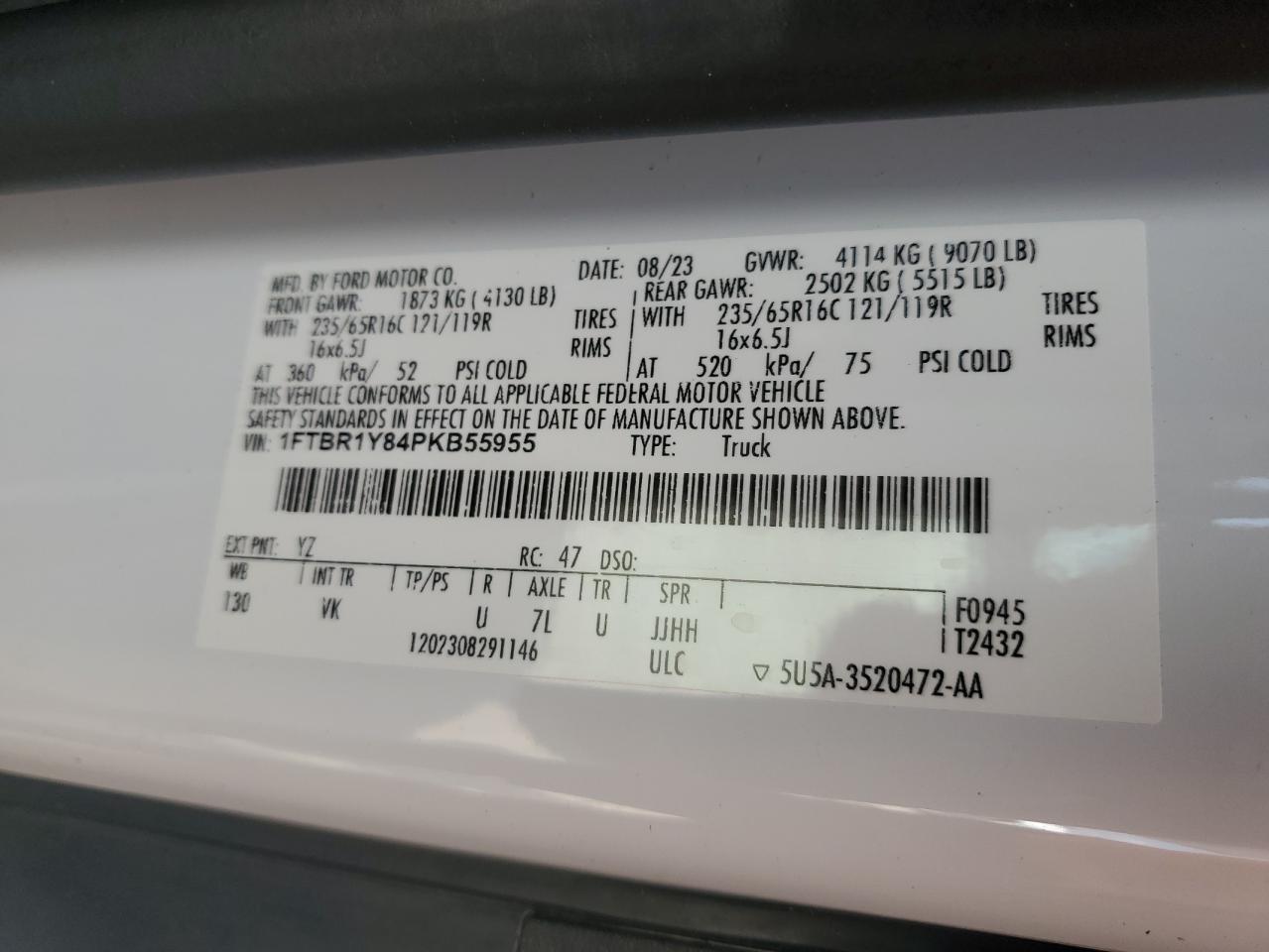 2023 Ford Transit T-250 VIN: 1FTBR1Y84PKB55955 Lot: 69955065