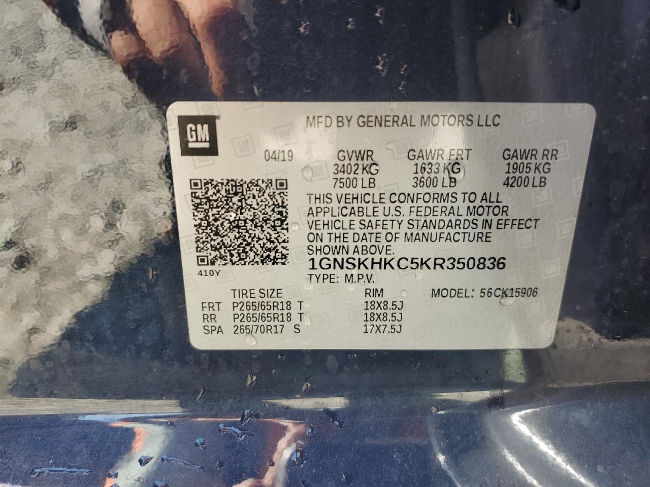 2019 Chevrolet Suburban K1500 Lt VIN: 1GNSKHKC5KR350836 Lot: 70046255