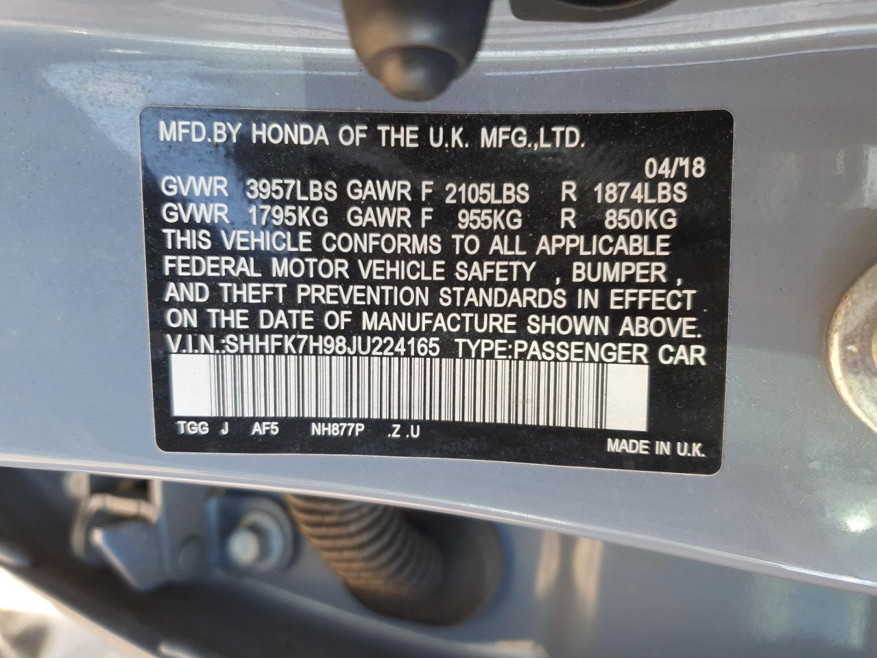 2018 Honda Civic Sport Touring VIN: SHHFK7H98JU224165 Lot: 68541765