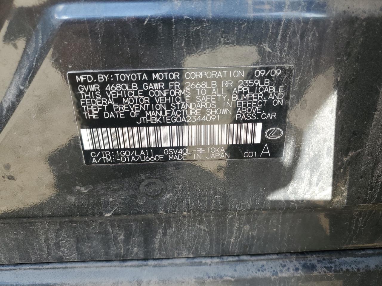 2010 Lexus Es 350 VIN: JTHBK1EG0A2344091 Lot: 70013415