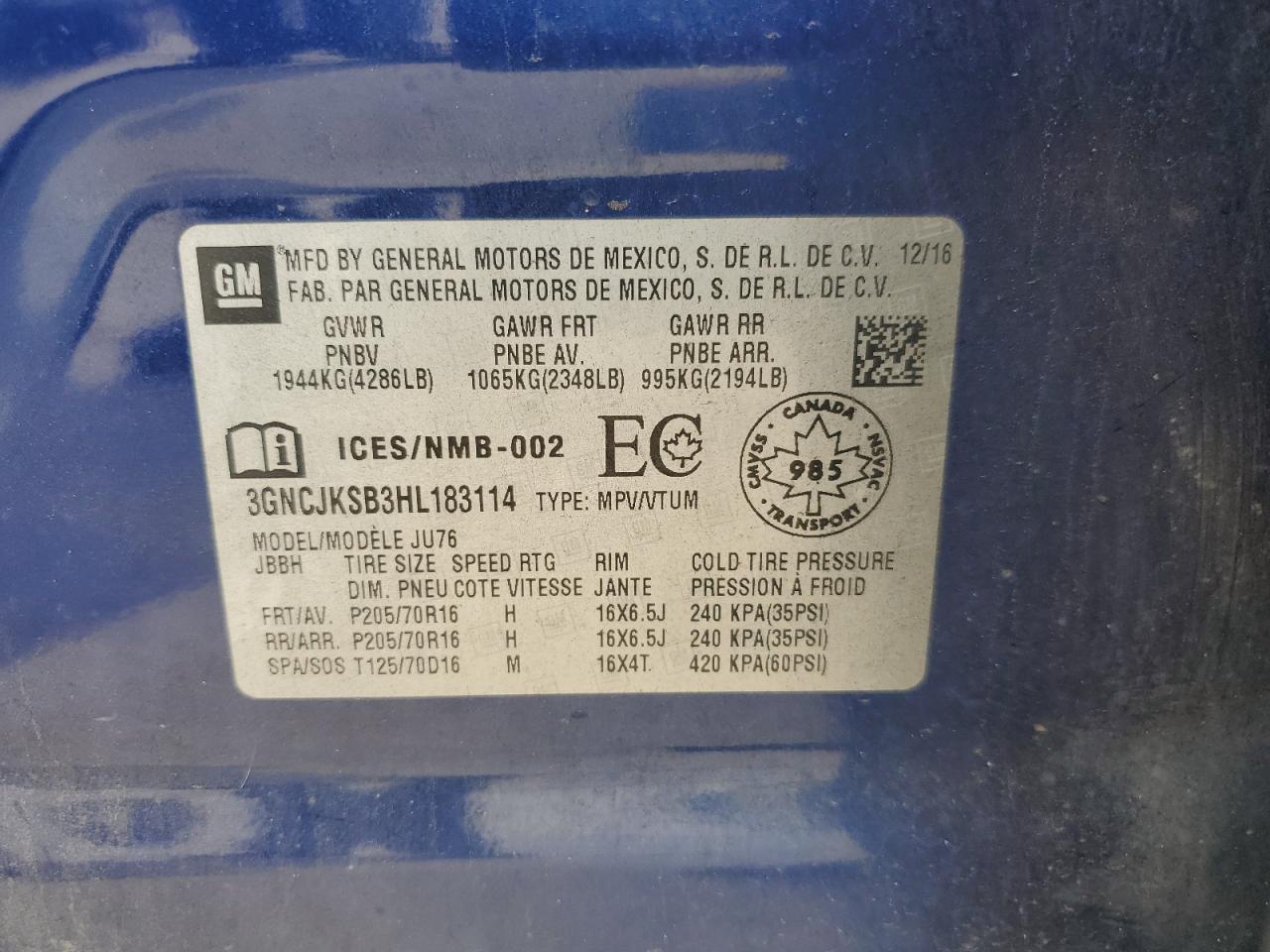 2017 Chevrolet Trax Ls VIN: 3GNCJKSB3HL183114 Lot: 70080935