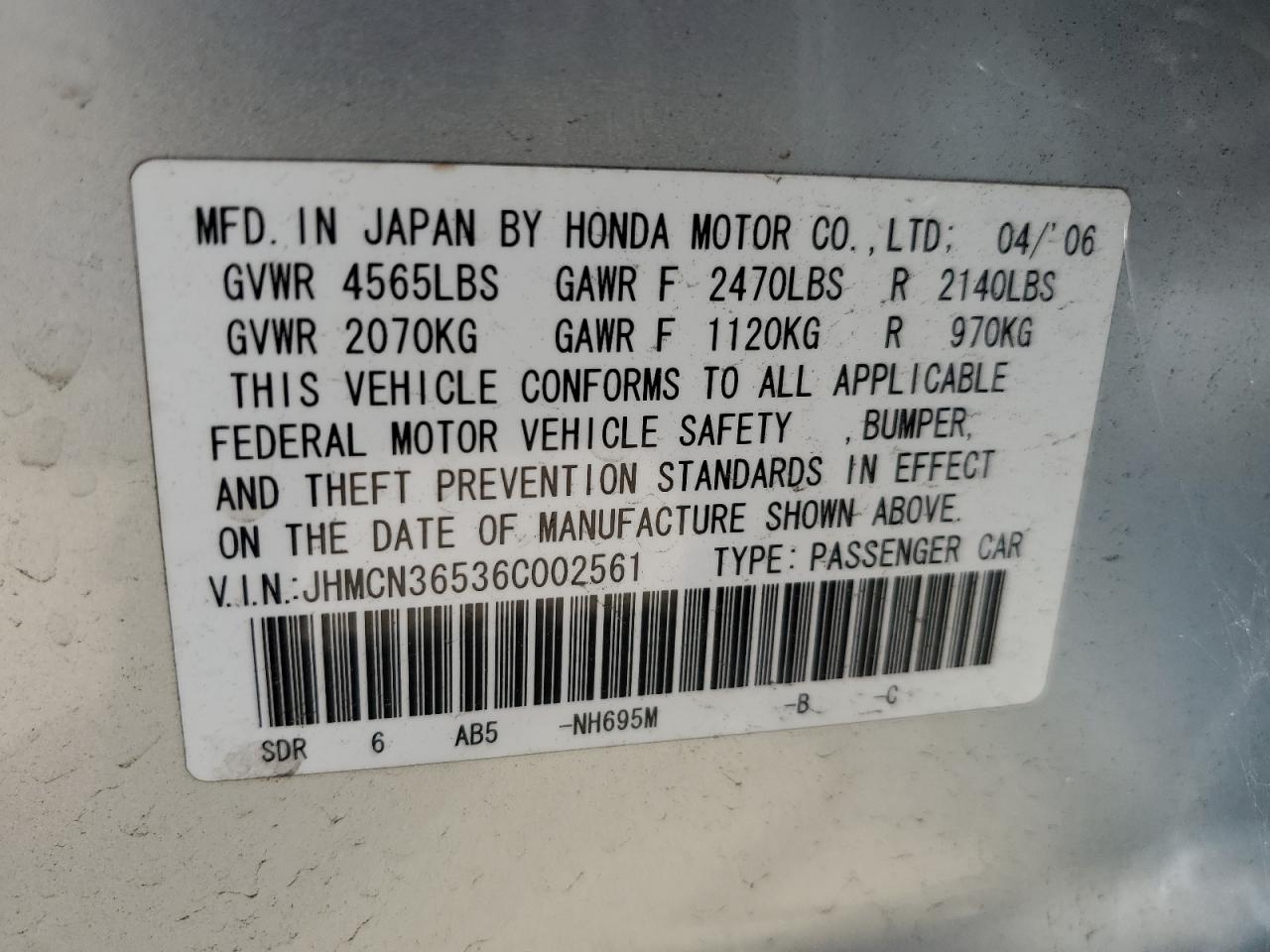2006 Honda Accord Hybrid VIN: JHMCN36536C002561 Lot: 70722935