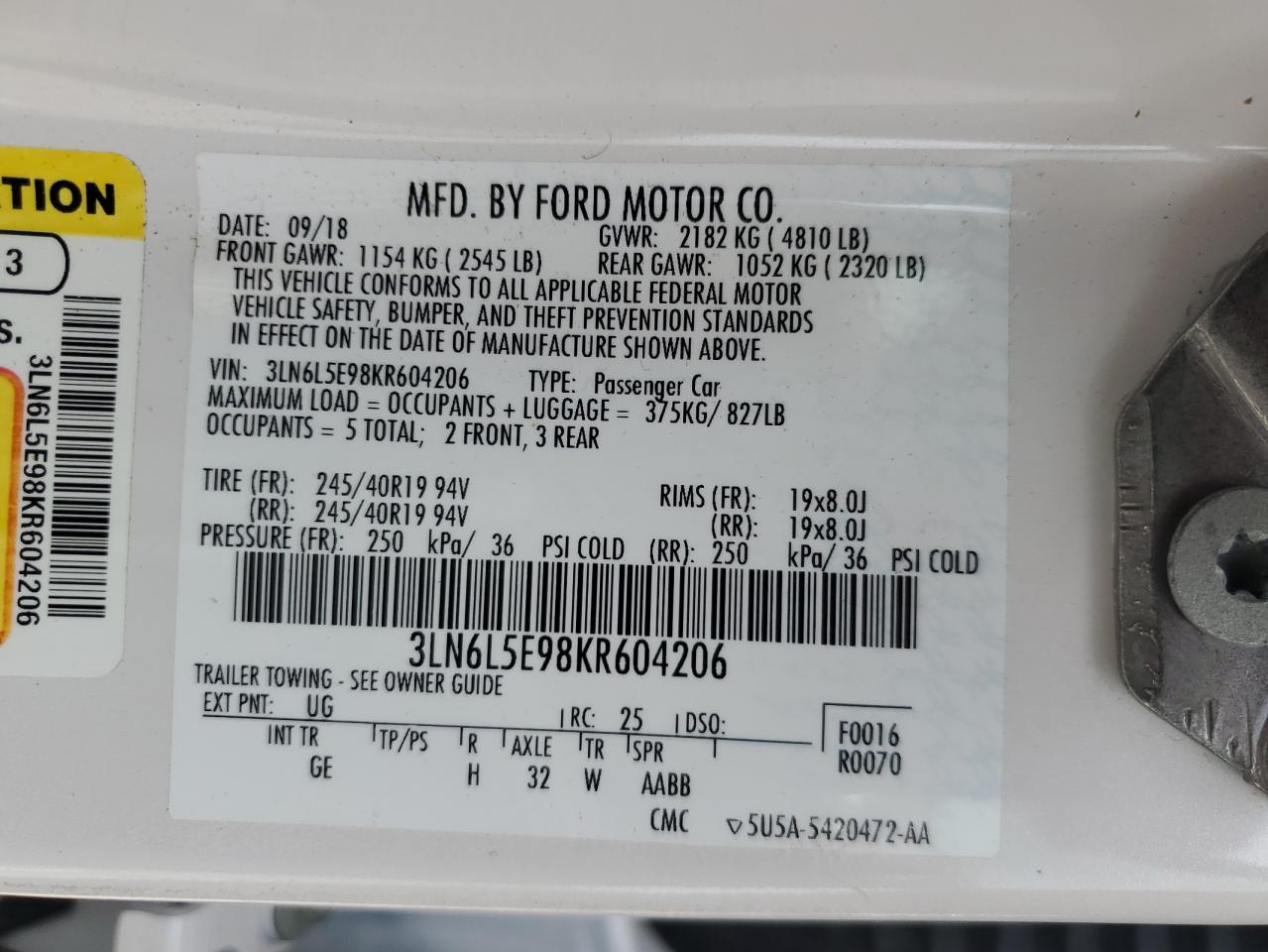 2019 Lincoln Mkz Reserve Ii VIN: 3LN6L5E98KR604206 Lot: 70868005