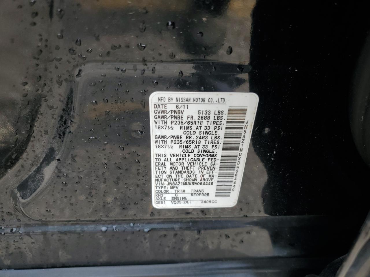 2011 Nissan Murano S VIN: JN8AZ1MUXBW064449 Lot: 67622865