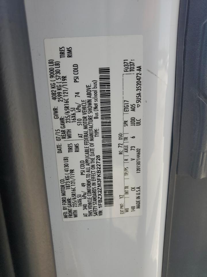 2015 Ford Transit Xlt VIN: 1FBZX2ZM3FKB22728 Lot: 43091468