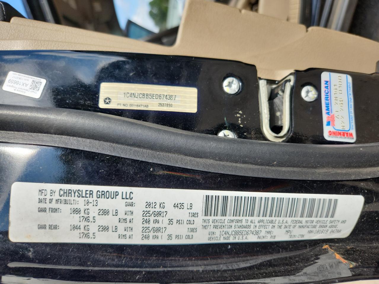 2014 Jeep Compass Sport VIN: 1C4NJCBB5ED674387 Lot: 70961365