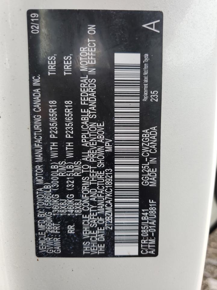 2019 Lexus Rx 350 Base VIN: 2T2BZMCA7KC189213 Lot: 68944435