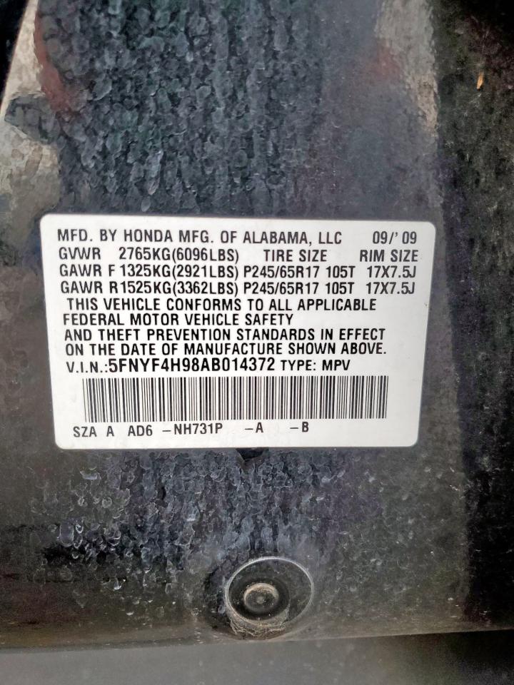 2010 Honda Pilot Touring VIN: 5FNYF4H98AB014372 Lot: 68731235