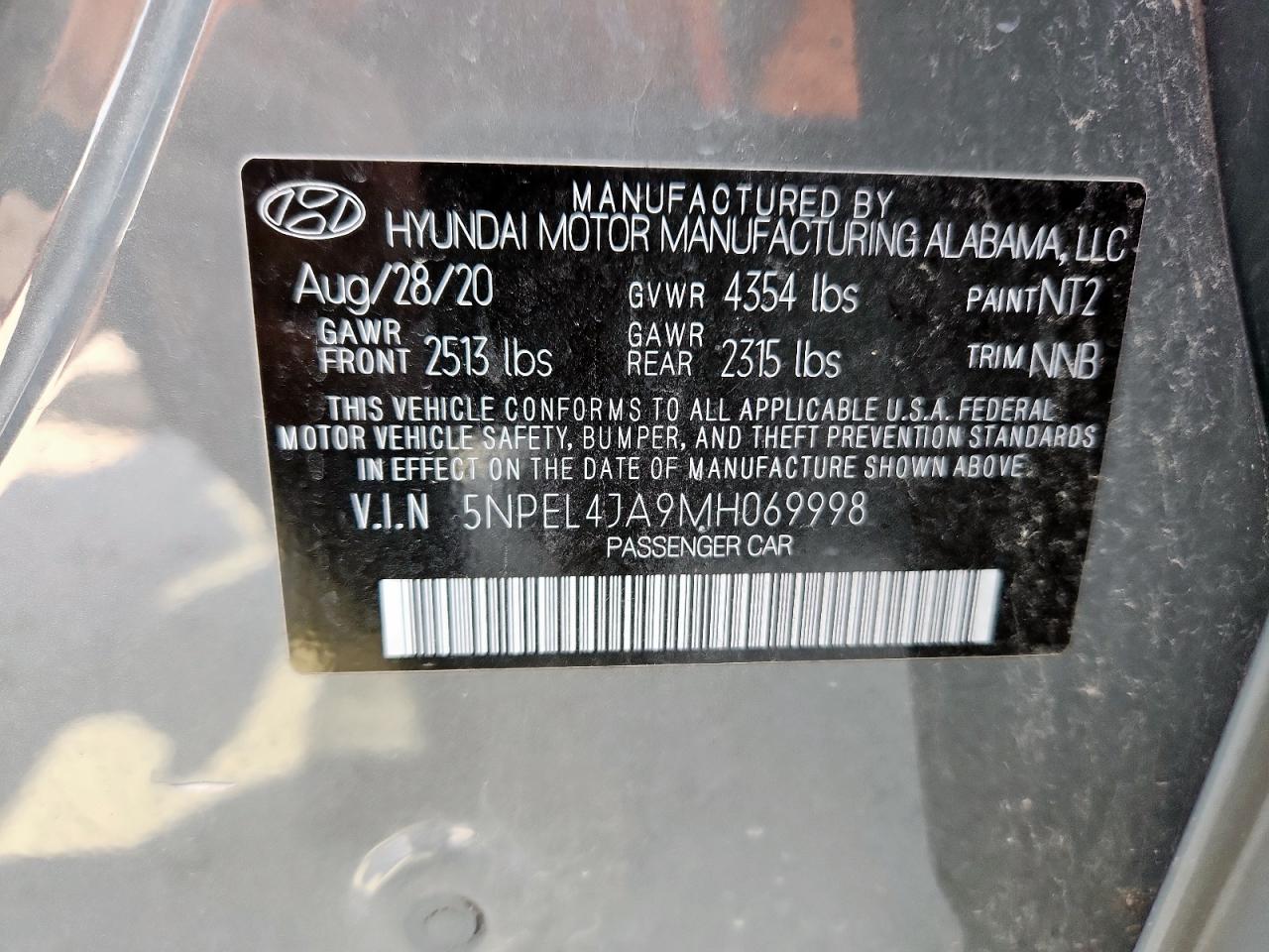 2021 Hyundai Sonata Sel VIN: 5NPEL4JA9MH069998 Lot: 68184985