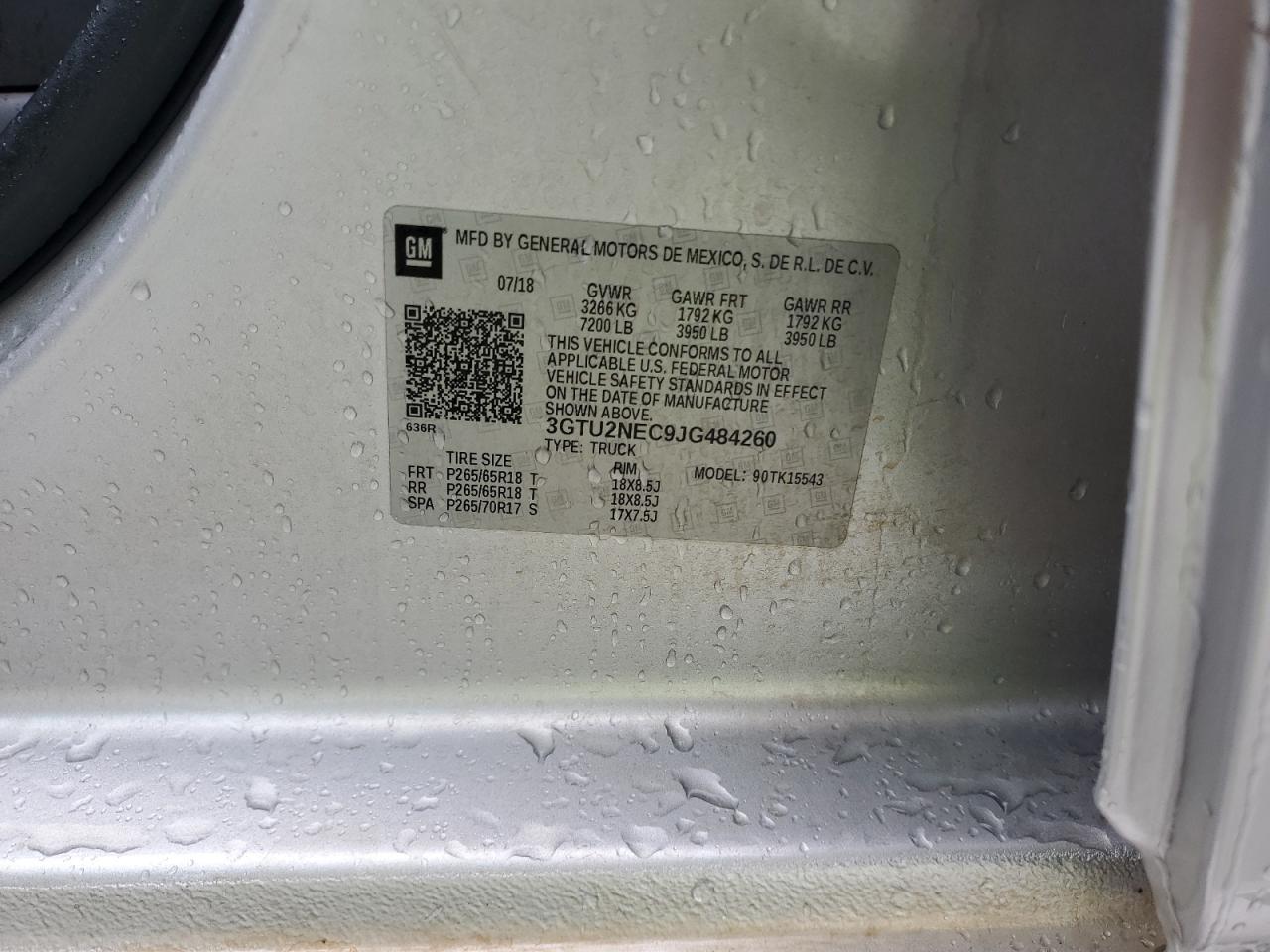 2018 GMC Sierra K1500 Slt VIN: 3GTU2NEC9JG484260 Lot: 66633655
