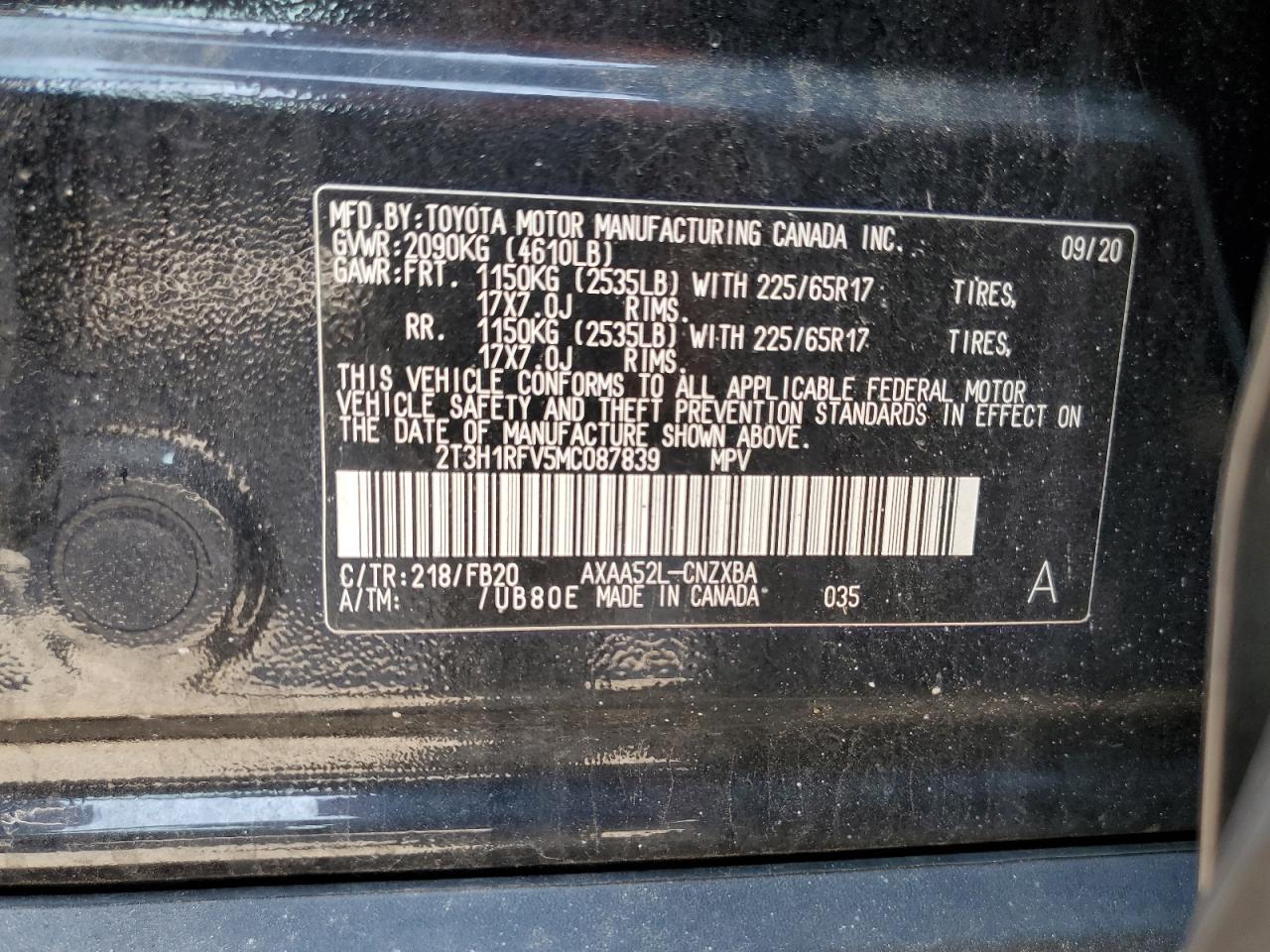 2021 Toyota Rav4 Le VIN: 2T3H1RFV5MC087839 Lot: 68257805