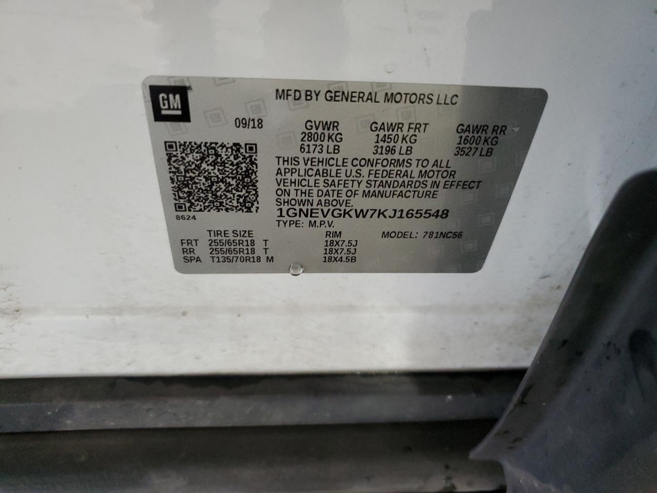 2019 Chevrolet Traverse Lt VIN: 1GNEVGKW7KJ165548 Lot: 69888955