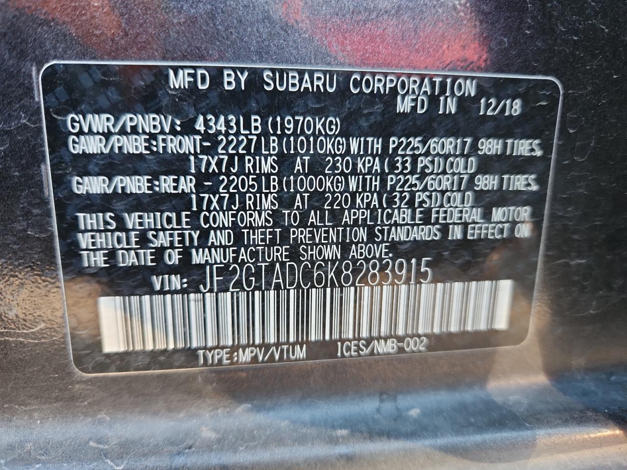 2019 Subaru Crosstrek Premium VIN: JF2GTADC6K8283915 Lot: 69381825