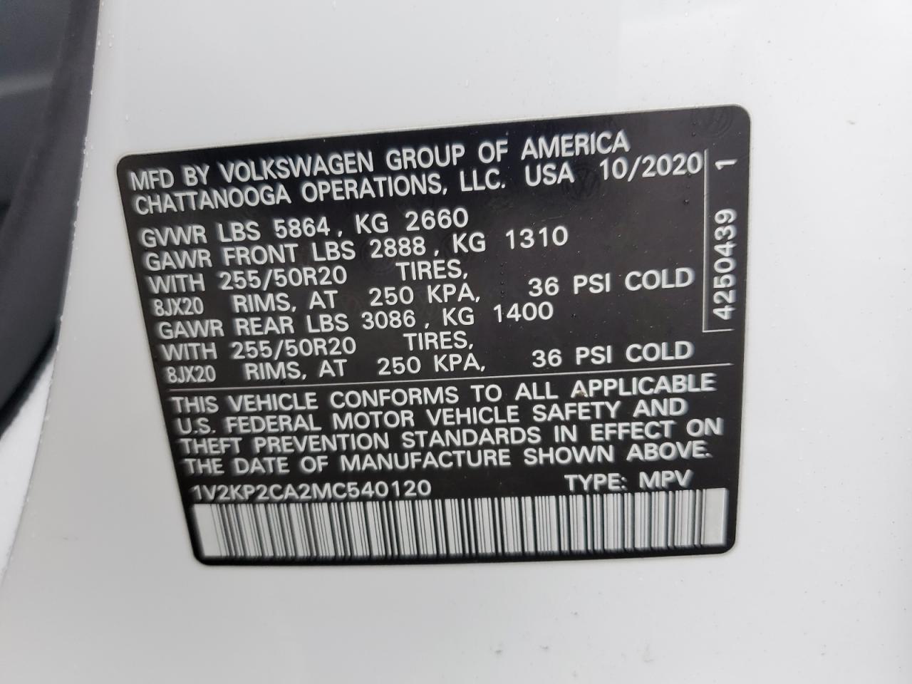 2021 Volkswagen Atlas Se VIN: 1V2KP2CA2MC540120 Lot: 67749275