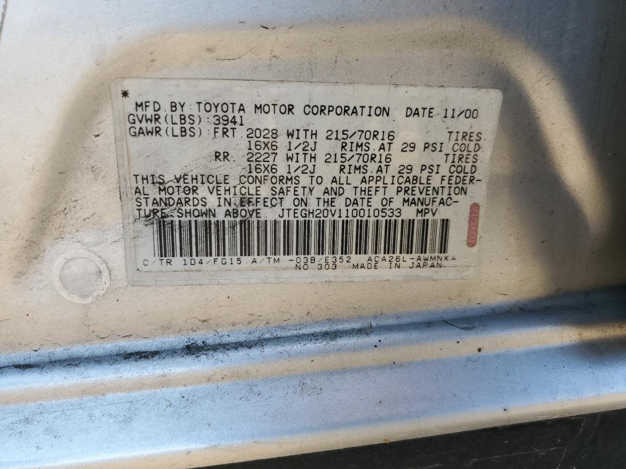 2001 Toyota Rav4 VIN: JTEGH20V110010533 Lot: 68402605