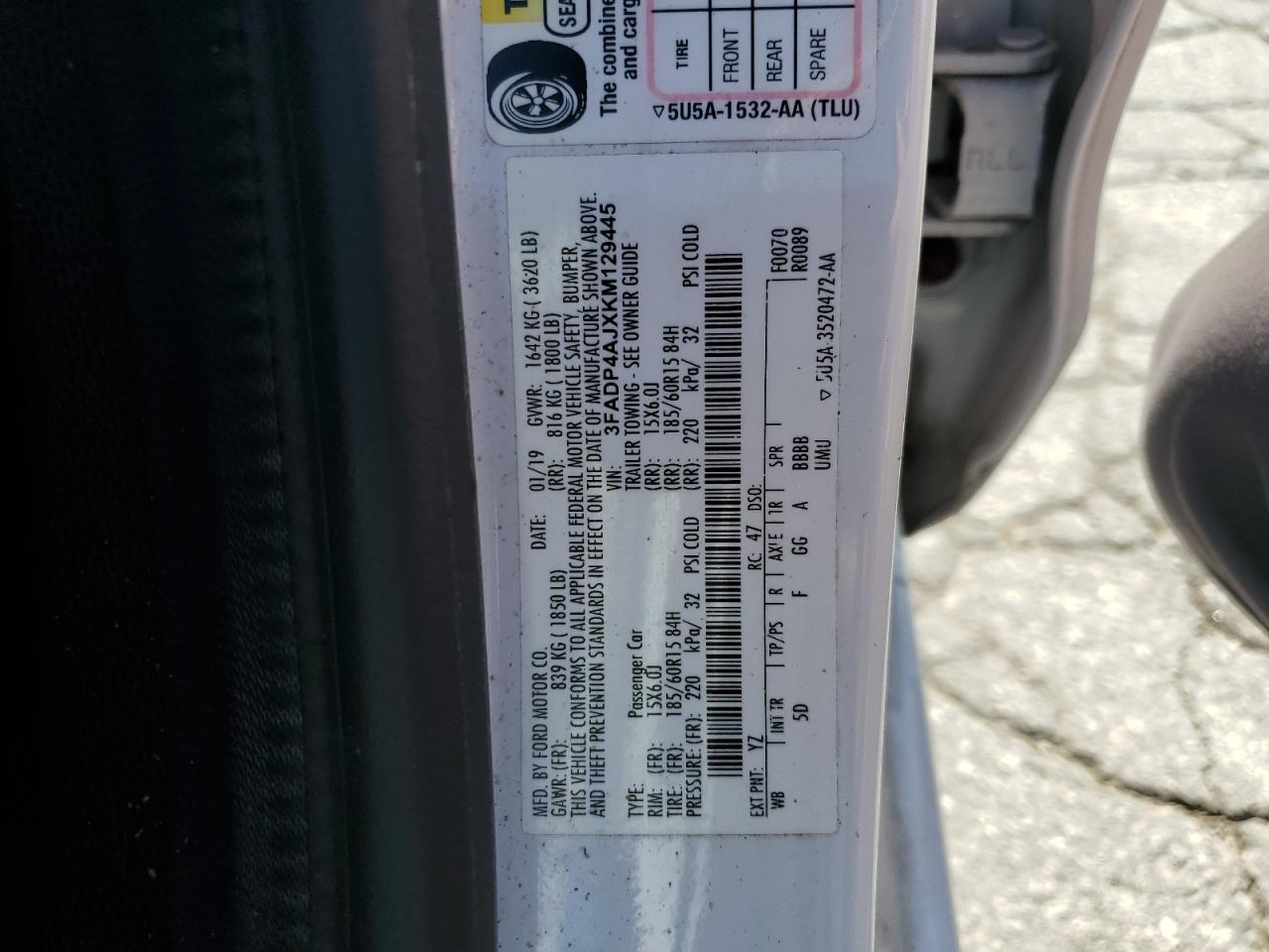 2019 Ford Fiesta S VIN: 3FADP4AJXKM129445 Lot: 70015845