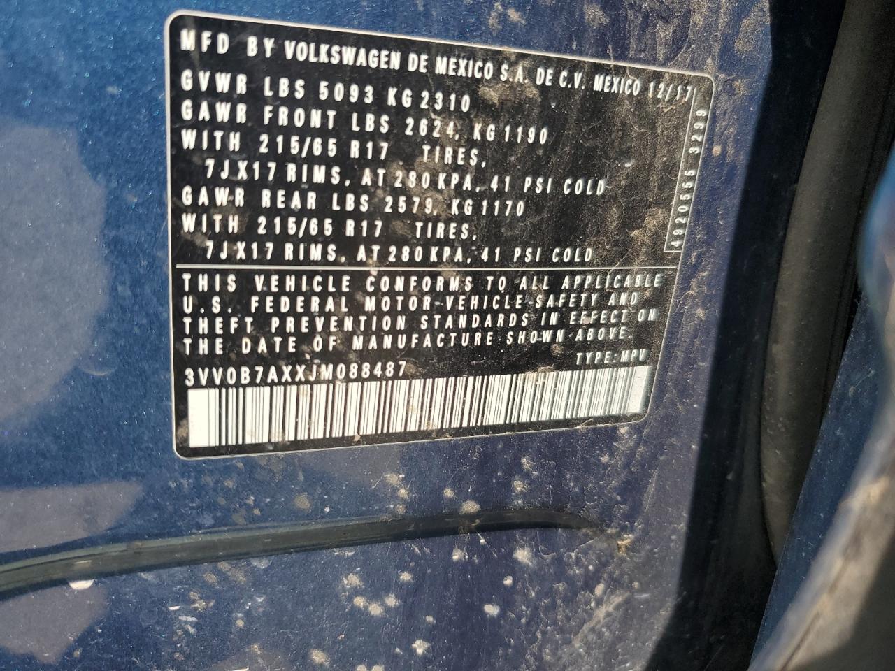 2018 Volkswagen Tiguan S VIN: 3VV0B7AXXJM088487 Lot: 69285435