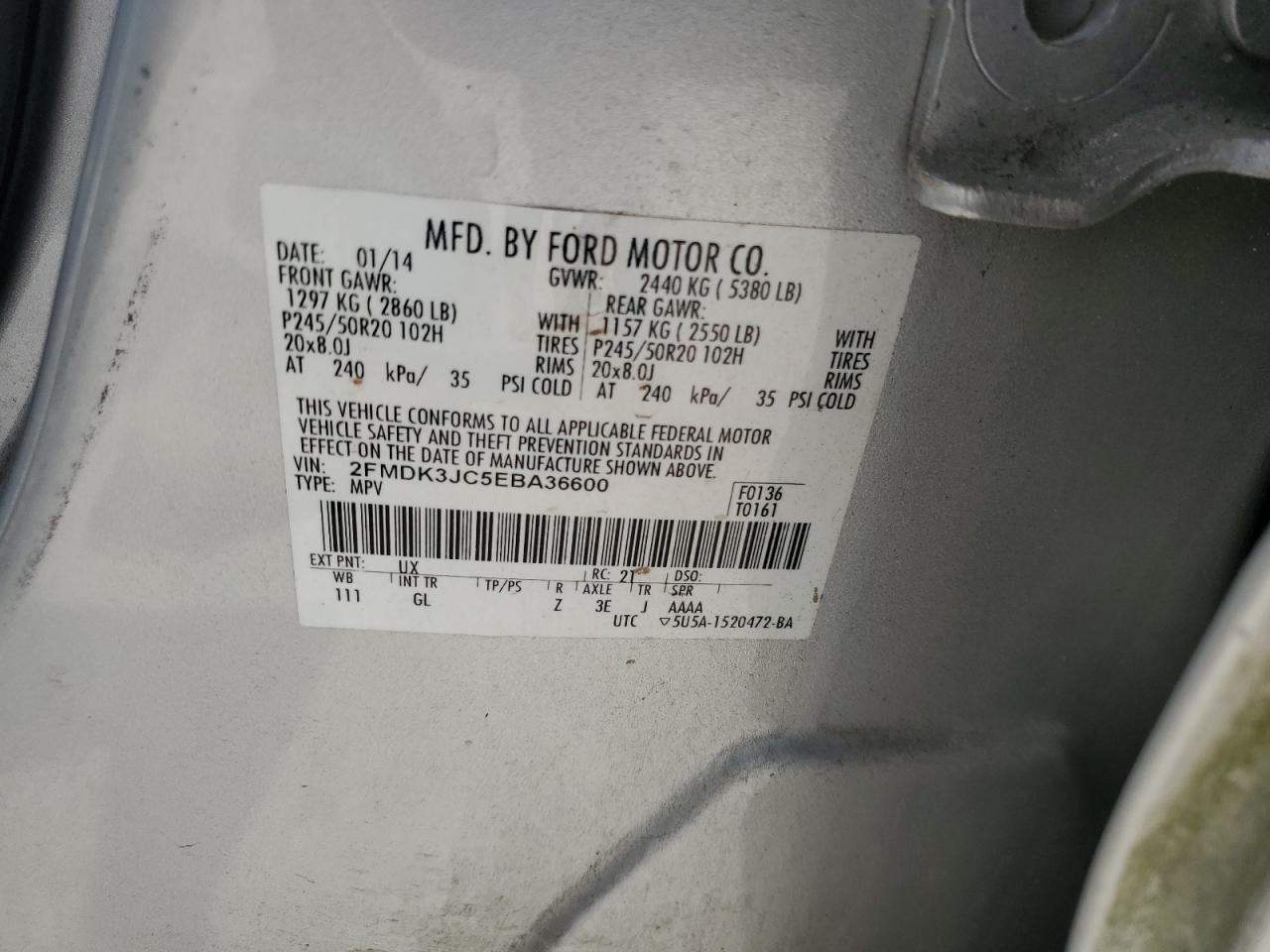 2014 Ford Edge Sel VIN: 2FMDK3JC5EBA36600 Lot: 70380385