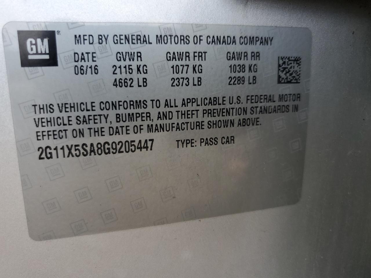 2016 Chevrolet Impala Ls VIN: 2G11X5SA8G9205447 Lot: 68303985