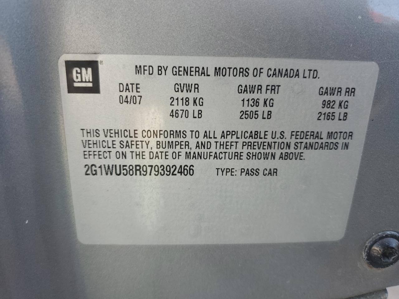 2007 Chevrolet Impala Ltz VIN: 2G1WU58R979392466 Lot: 70466555