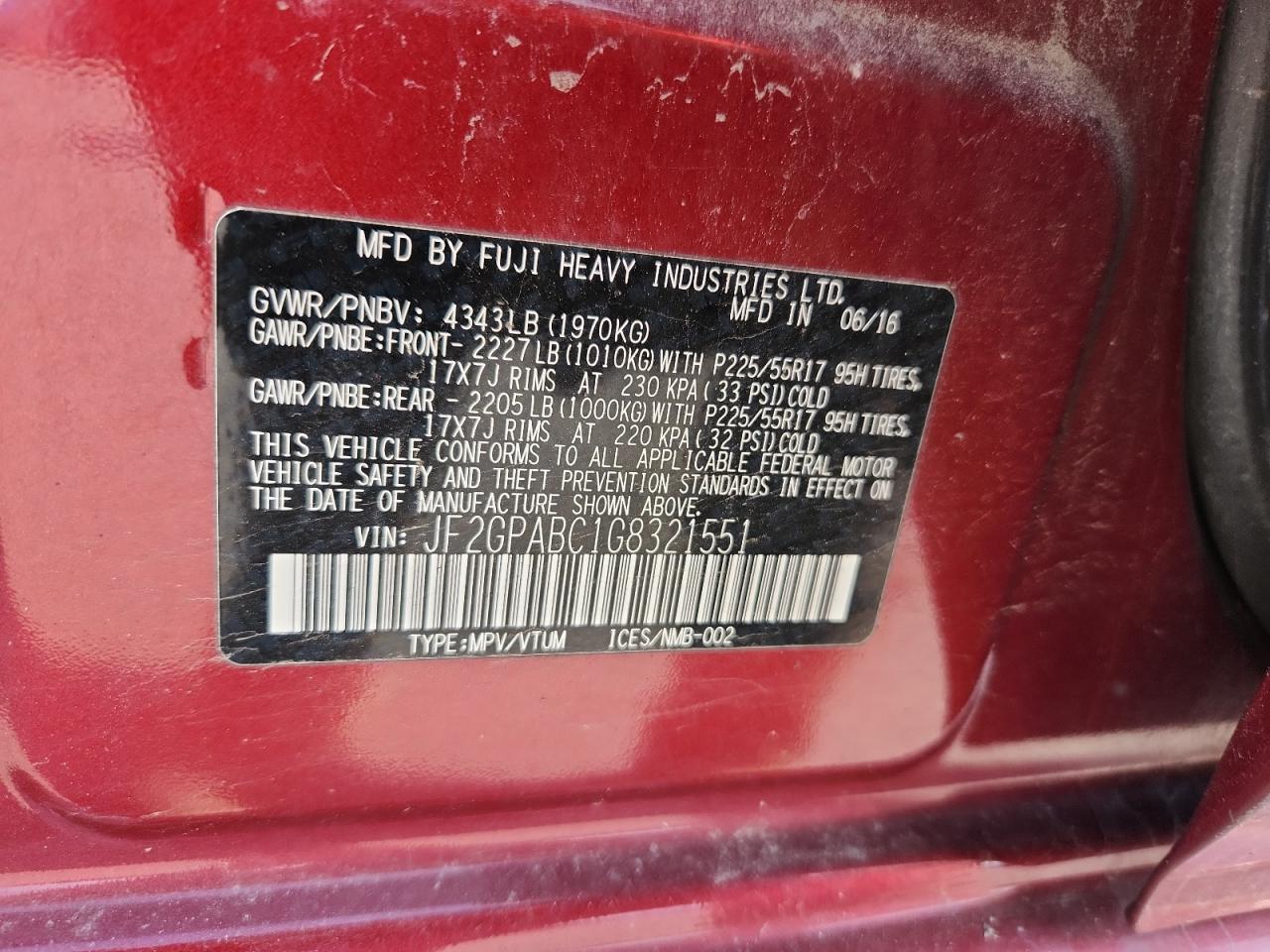 2016 Subaru Crosstrek Premium VIN: JF2GPABC1G8321551 Lot: 68449845