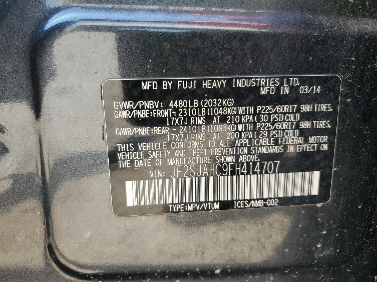 2015 Subaru Forester 2.5I Limited VIN: JF2SJAHC9FH414707 Lot: 68031785