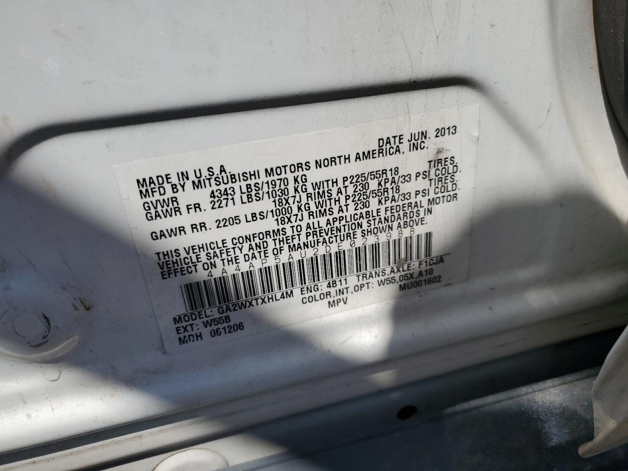 2013 Mitsubishi Outlander Sport Le VIN: 4A4AP5AU2DE023988 Lot: 68102305