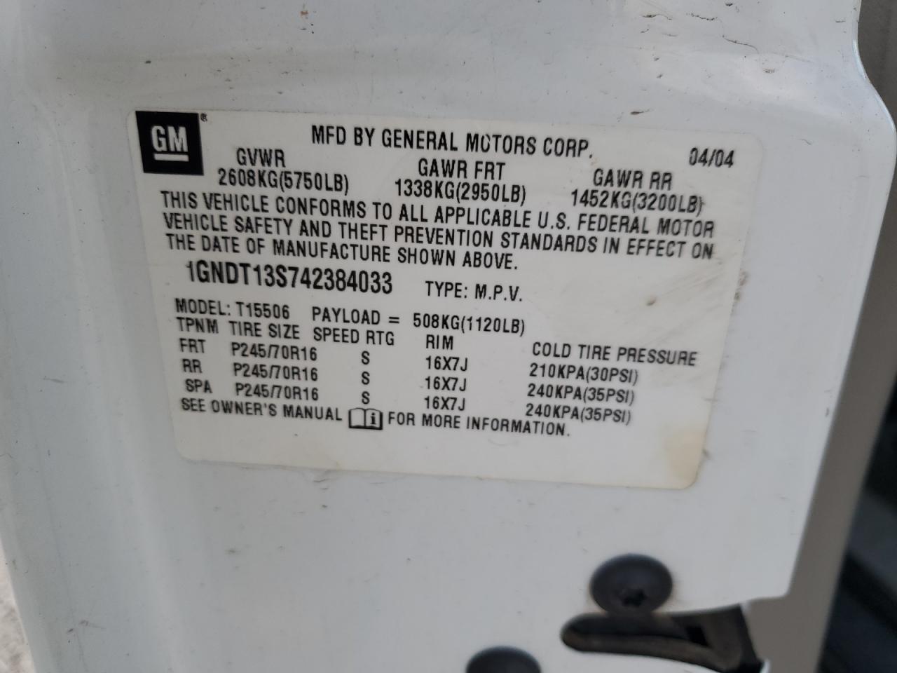 2004 Chevrolet Trailblazer Ls VIN: 1GNDT13S742384033 Lot: 68139635