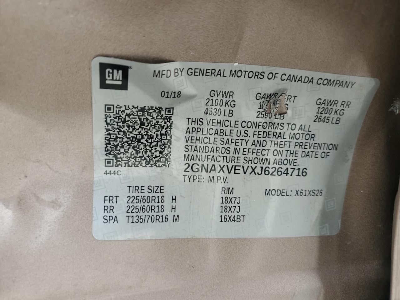 2018 Chevrolet Equinox Premier VIN: 2GNAXVEVXJ6264716 Lot: 70603525