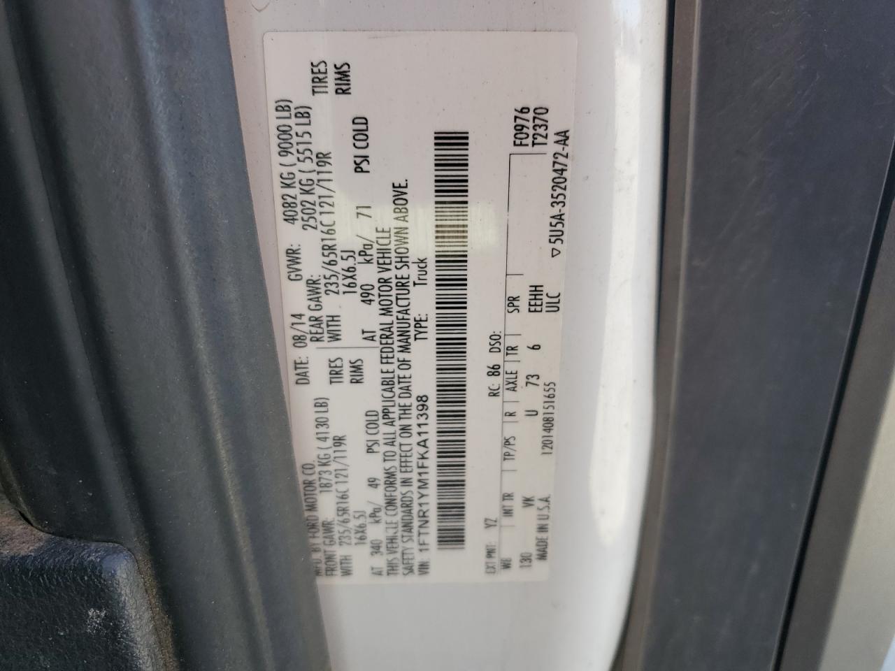 2015 Ford Transit T-250 VIN: 1FTNR1YM1FKA11398 Lot: 70165065