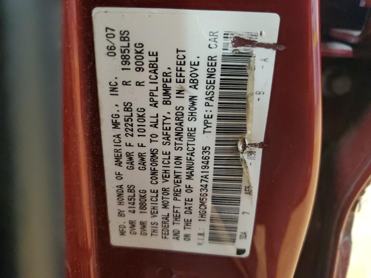 2007 Honda Accord Se VIN: 1HGCM56347A194635 Lot: 70357685