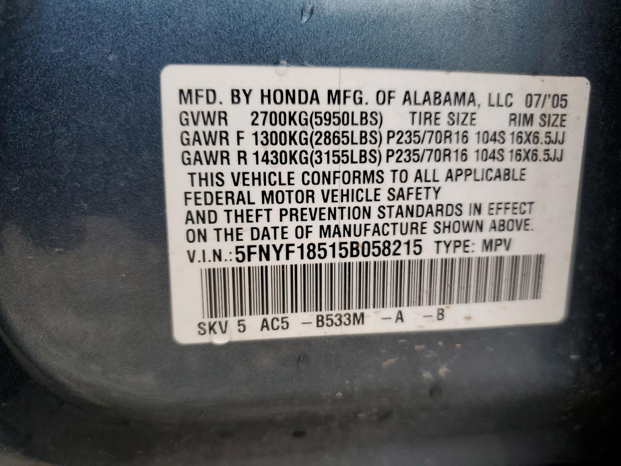 2005 Honda Pilot Exl VIN: 5FNYF18515B058215 Lot: 70589015