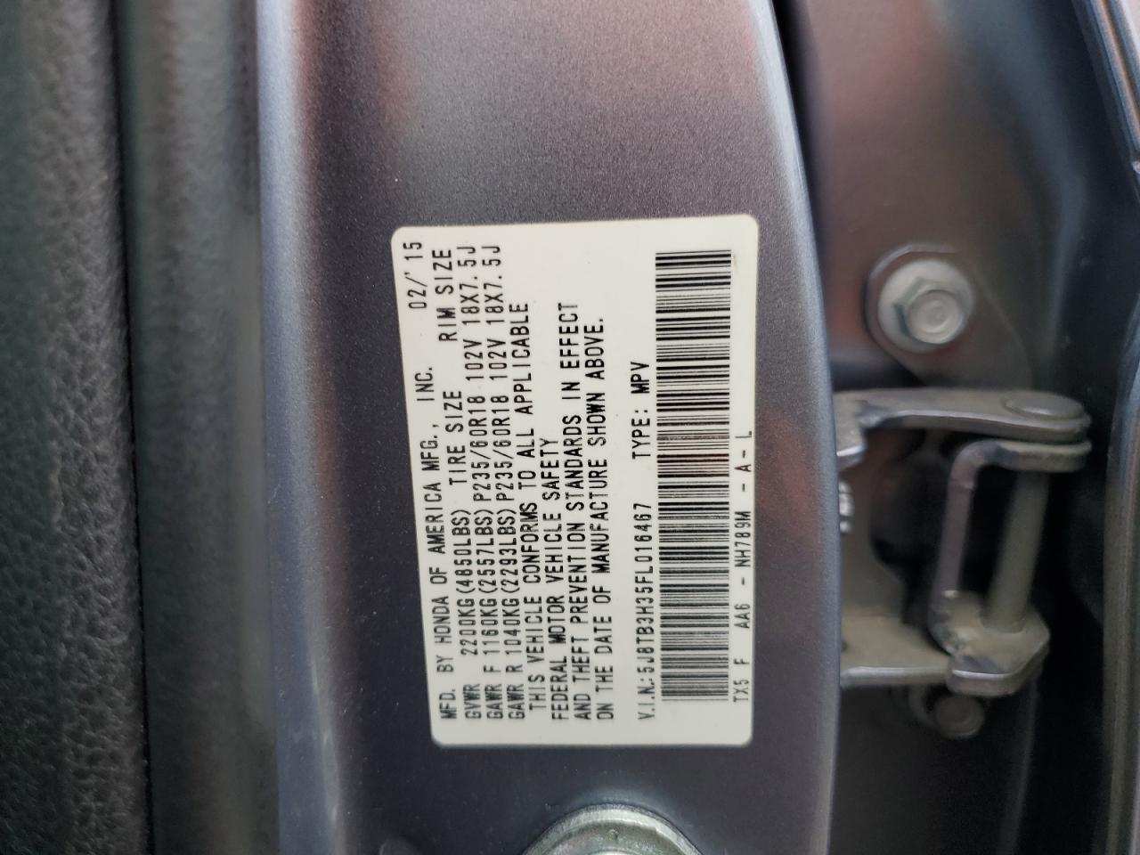 2015 Acura Rdx VIN: 5J8TB3H35FL016467 Lot: 69793225