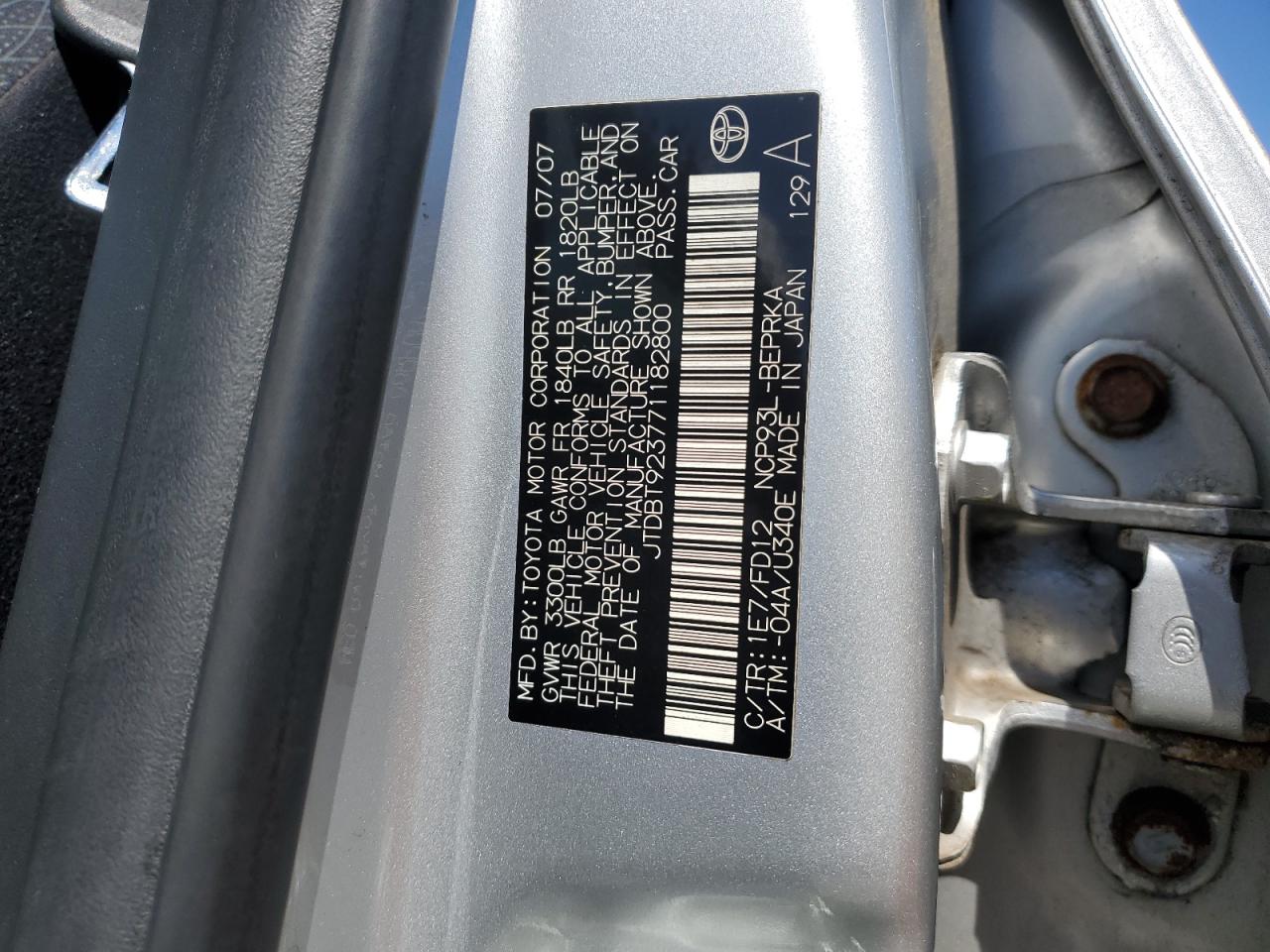 2007 Toyota Yaris VIN: JTDBT923771182800 Lot: 68325225