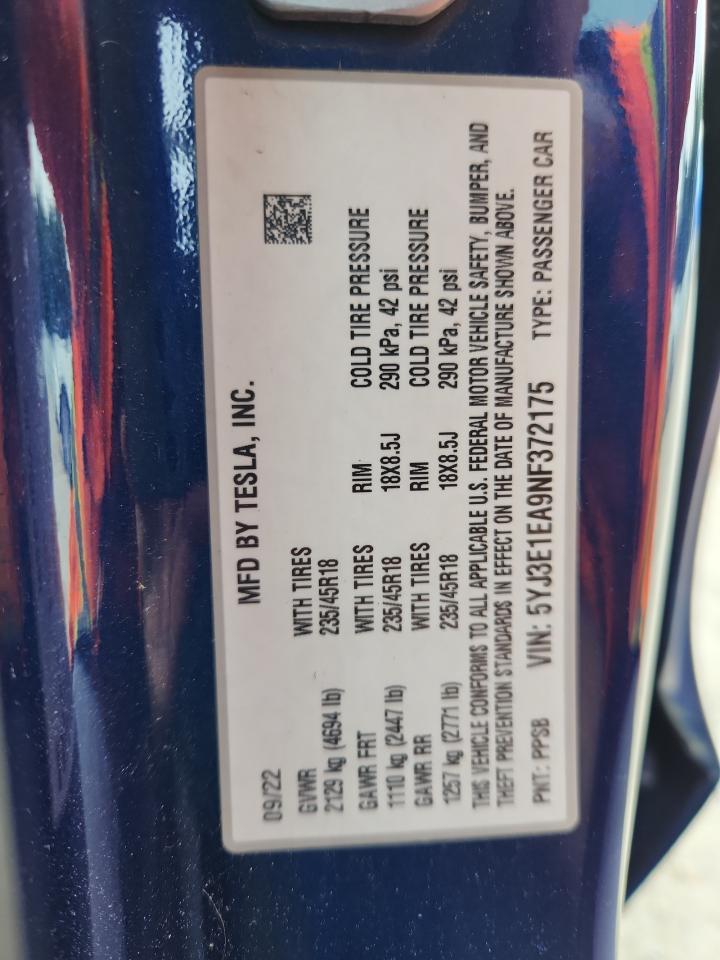 2022 Tesla Model 3 VIN: 5YJ3E1EA9NF372175 Lot: 68306395