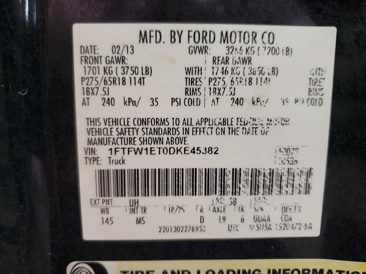 2013 Ford F150 Supercrew VIN: 1FTFW1ET0DKE45382 Lot: 70233615