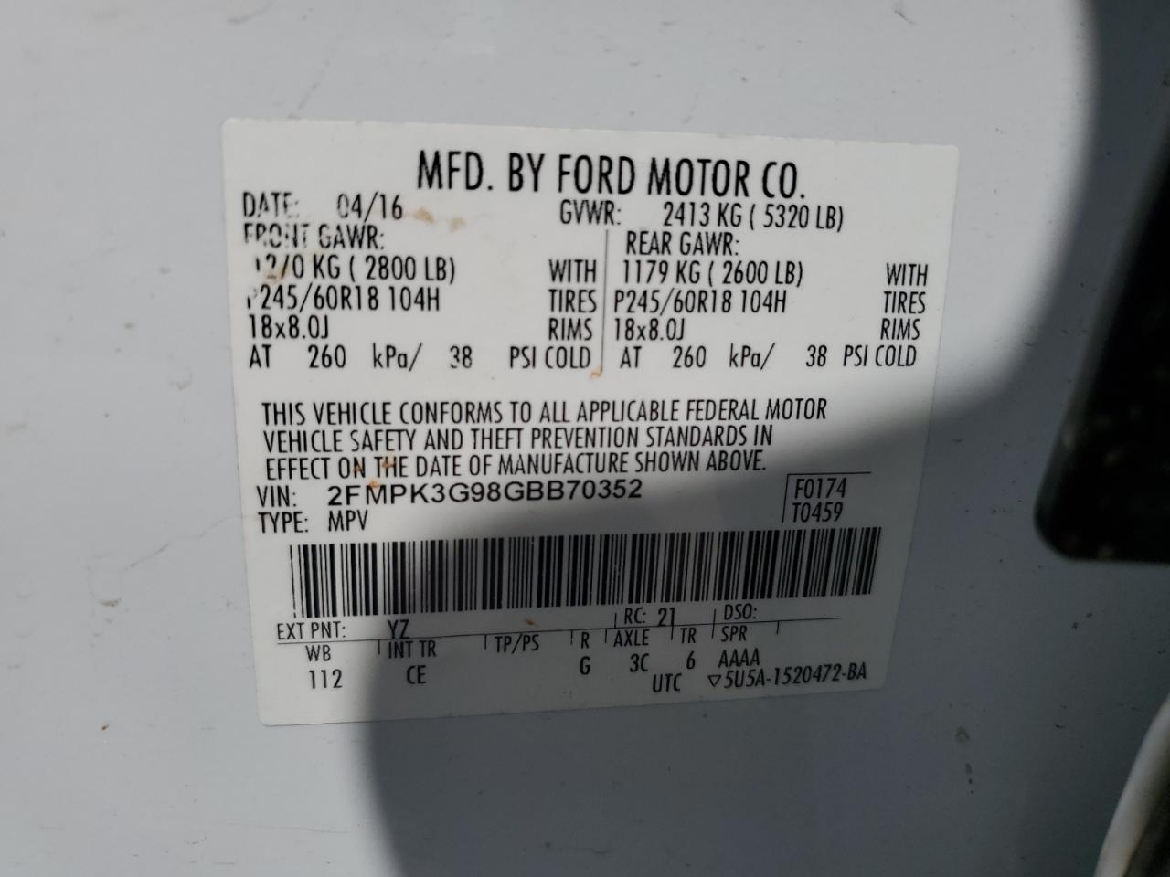 2016 Ford Edge Se VIN: 2FMPK3G98GBB70352 Lot: 68880325