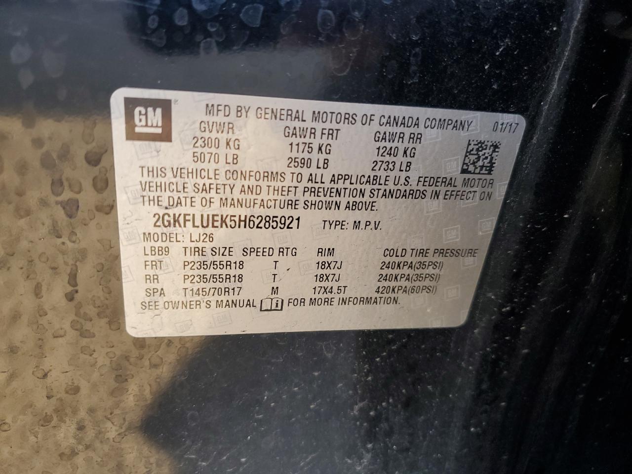 2017 GMC Terrain Slt VIN: 2GKFLUEK5H6285921 Lot: 70305635