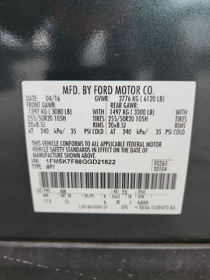 2016 Ford Explorer Limited VIN: 1FM5K7F88GGD21822 Lot: 70602575