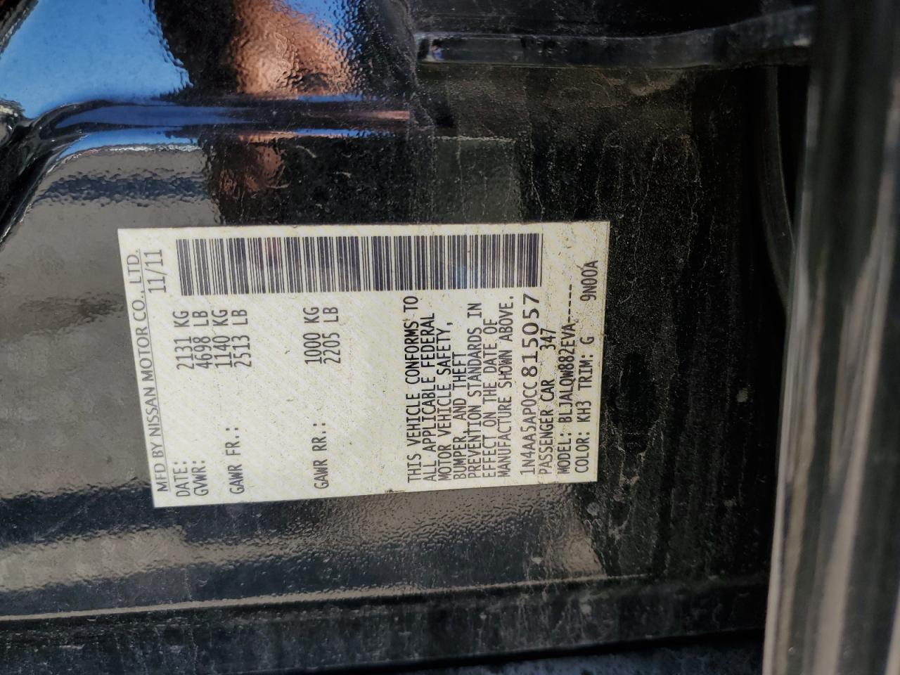 2012 Nissan Maxima S VIN: 1N4AA5AP0CC815057 Lot: 70844145