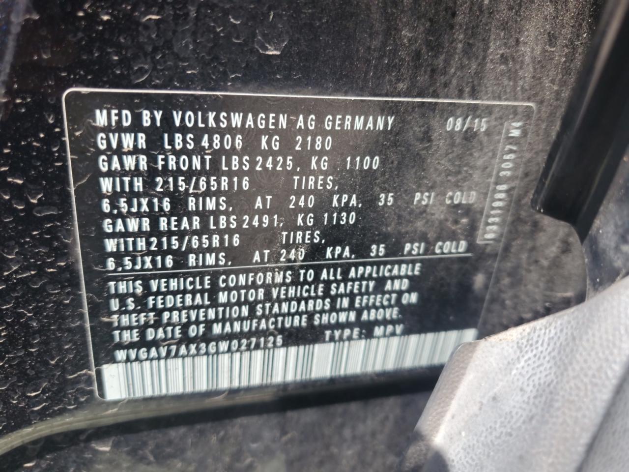 2016 Volkswagen Tiguan S VIN: WVGAV7AX3GW027125 Lot: 70487575