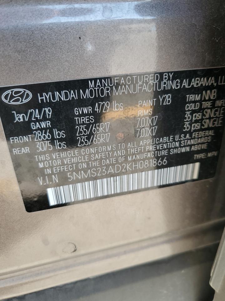 2019 Hyundai Santa Fe Se VIN: 5NMS23AD2KH081866 Lot: 68176255