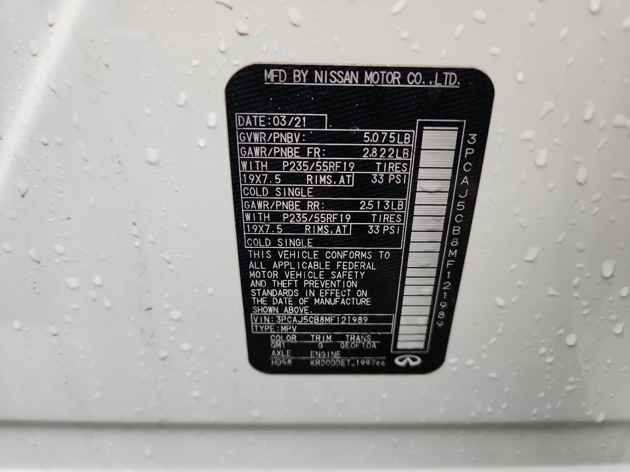 2021 Infiniti Qx50 Essential VIN: 3PCAJ5CB8MF121989 Lot: 69192945