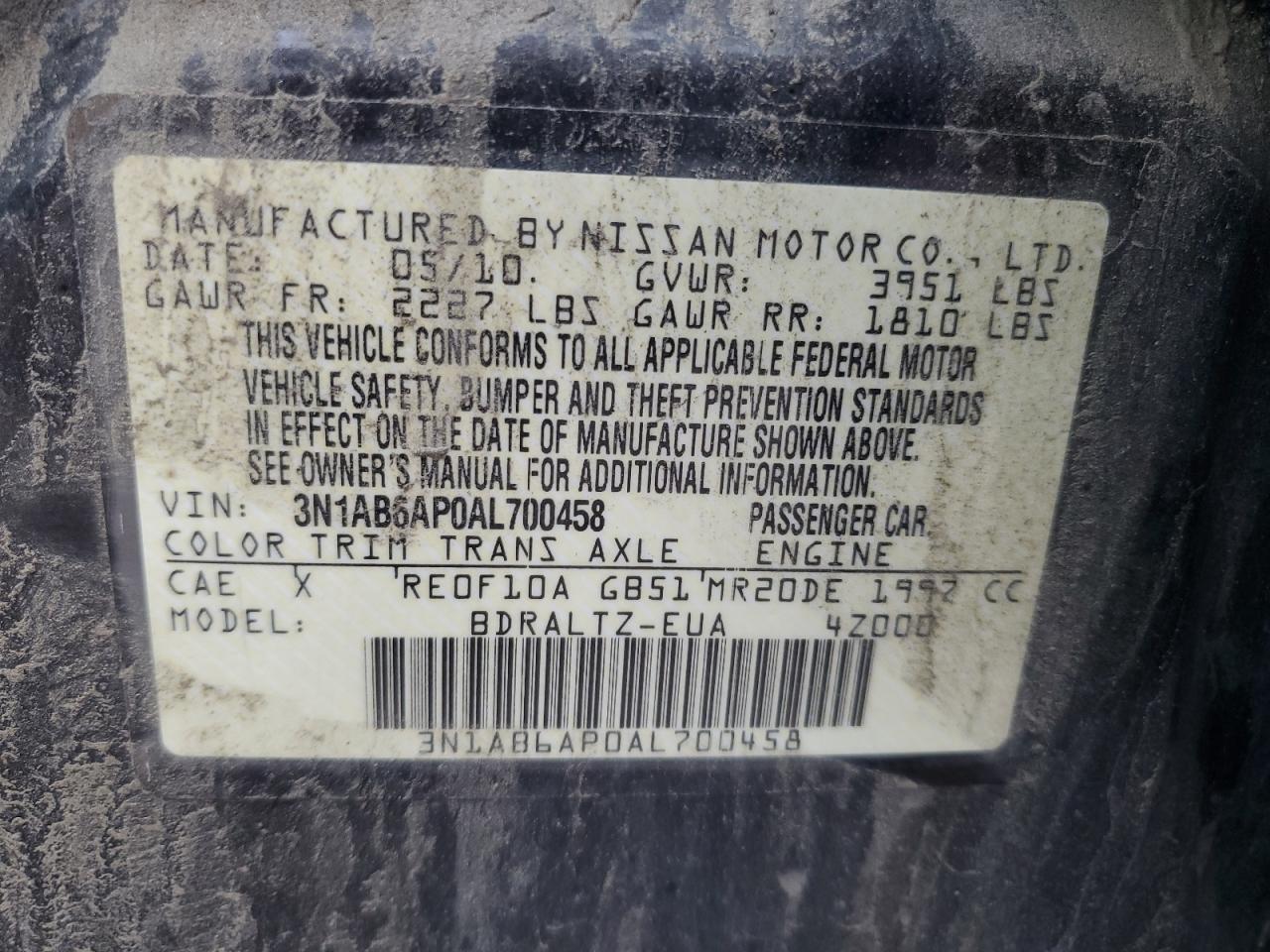 2010 Nissan Sentra 2.0 VIN: 3N1AB6AP0AL700458 Lot: 68013575