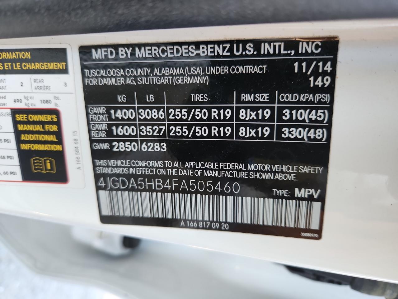 2015 Mercedes-Benz Ml 350 4Matic VIN: 4JGDA5HB4FA505460 Lot: 68932665