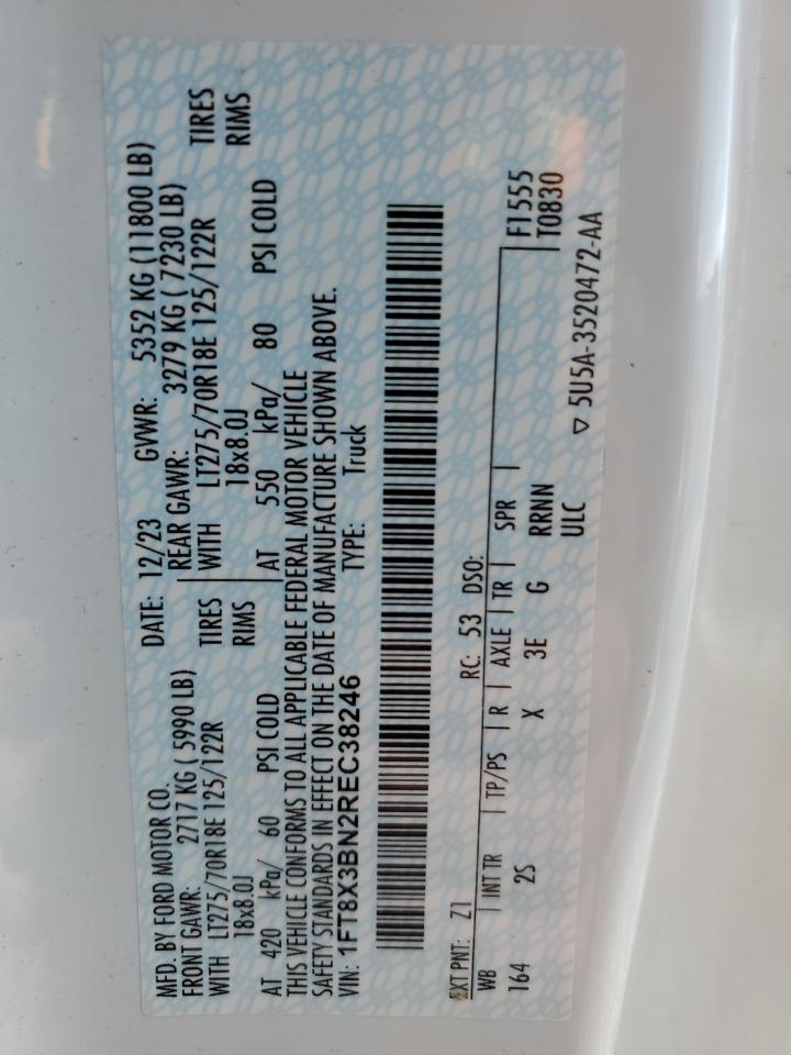 2024 Ford F350 Super Duty VIN: 1FT8X3BN2REC38246 Lot: 70329255