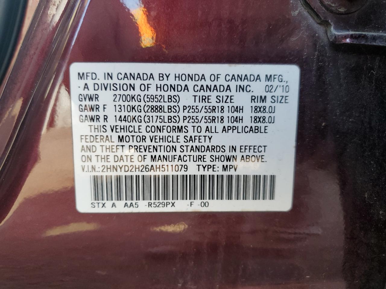 2010 Acura Mdx VIN: 2HNYD2H26AH511079 Lot: 69346385