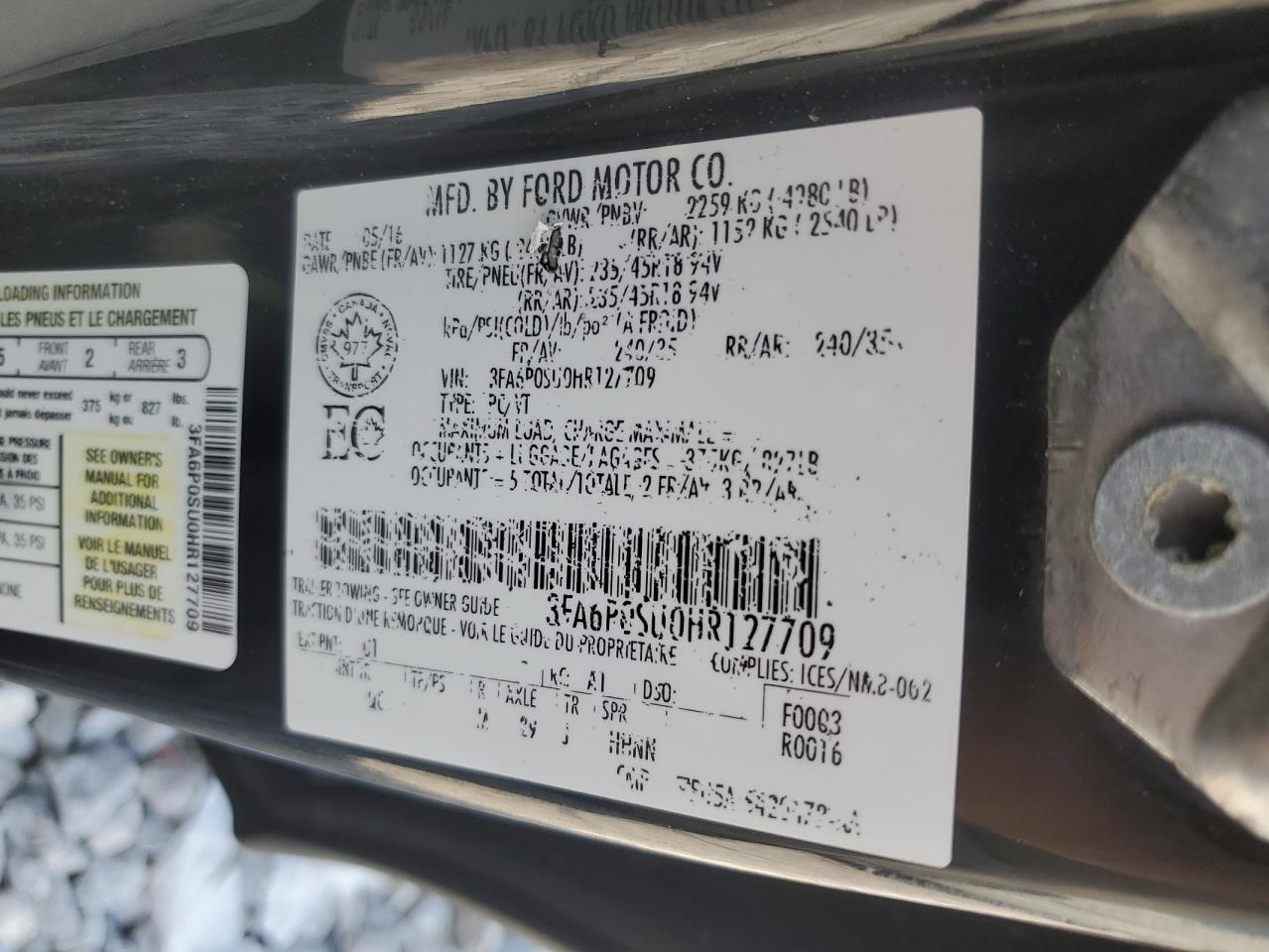 2017 Ford Fusion Titanium Phev VIN: 3FA6P0SU0HR127709 Lot: 66604365