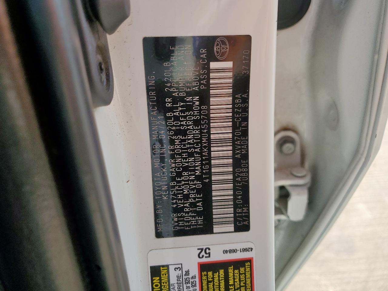 2021 Toyota Camry Se VIN: 4T1G11AKXMU455708 Lot: 69117135