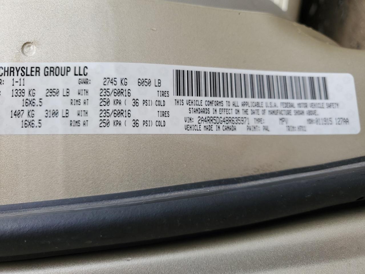 2011 Chrysler Town & Country Touring VIN: 2A4RR5DG4BR635971 Lot: 69587015